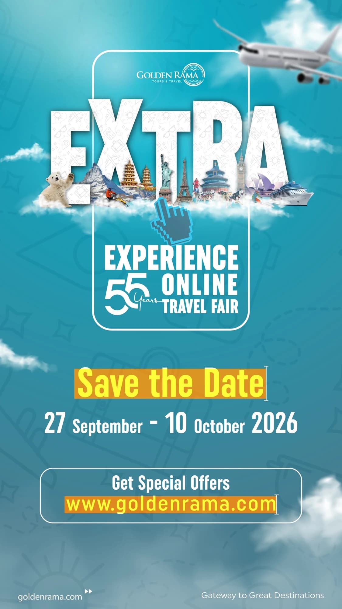 EXTRA, Experience Online Travel Fair, 55 tahun Golden Rama Tours & Travel. Save the Date, 27 September - 10 October 2026.